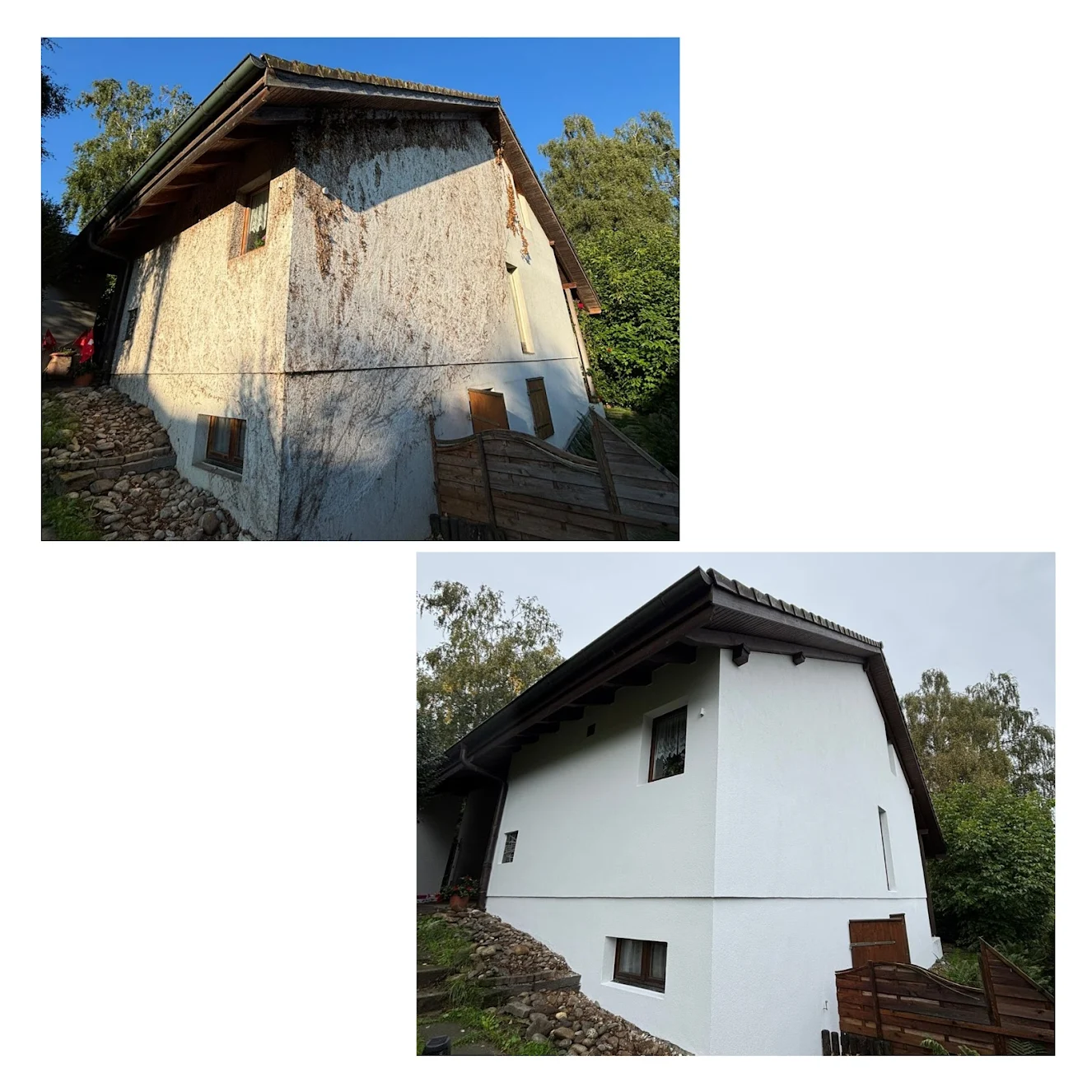 Vorher-nachher-Bilder eines weißen Hauses mit dunklem Dach, das im oberen Bild verschmutzt und im unteren Bild frisch renoviert ist.