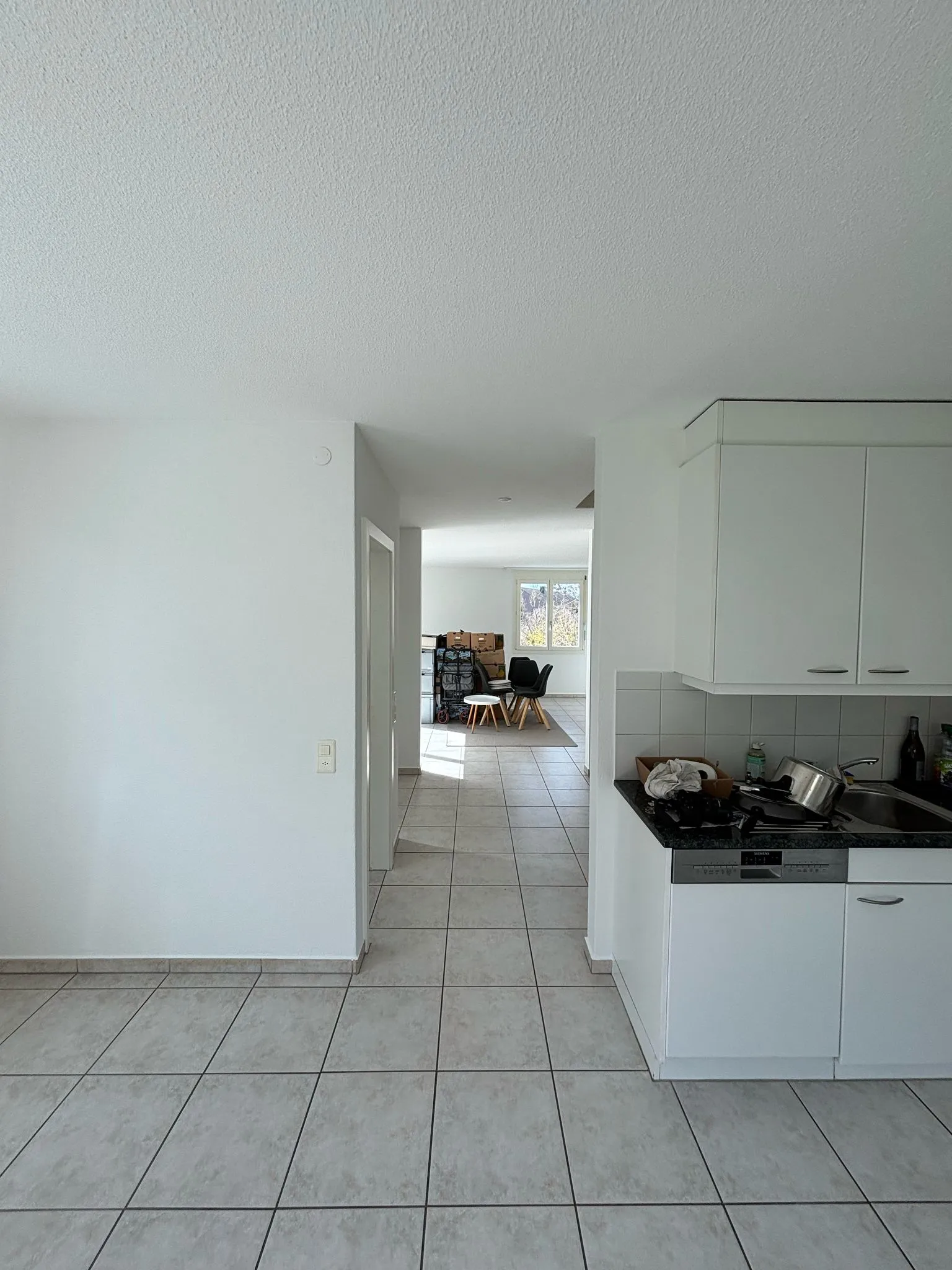 Heller Wohnbereich mit weissen Wänden, grauen Bodenfliesen, sichtbarer Küche mit Spüle und Geschirr, im Hintergrund Fenster, Stühle und Kartons.
