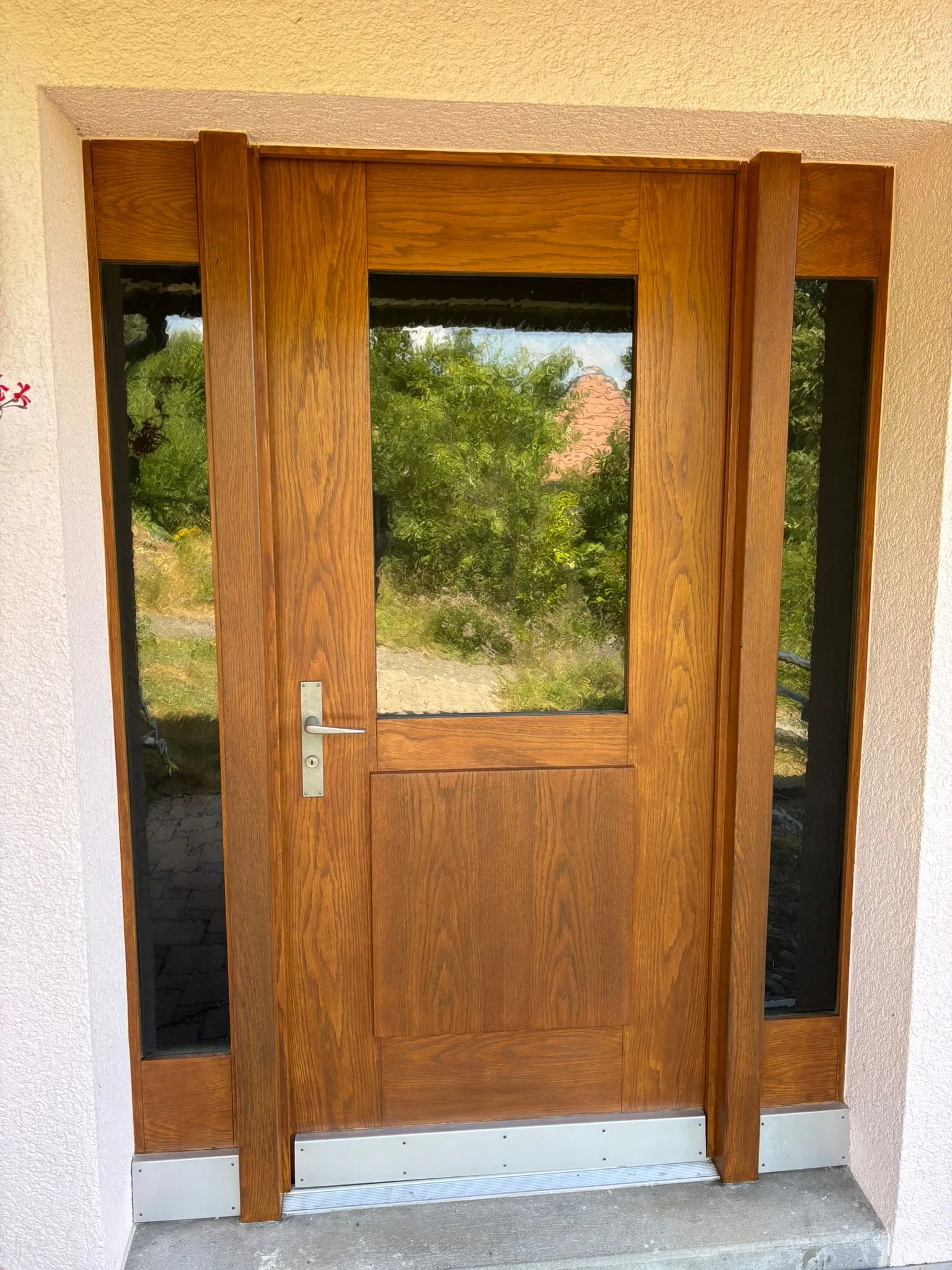 Holztür mit mittlerem Glasfenster und zwei schmalen seitlichen Glasflächen, umrahmt von hellem Putz.