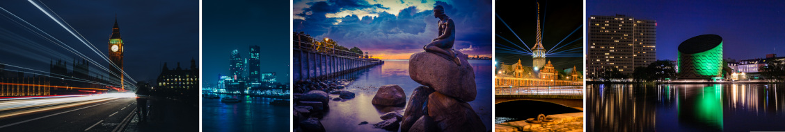 Collage of night-time pictures of London and Copenhagen