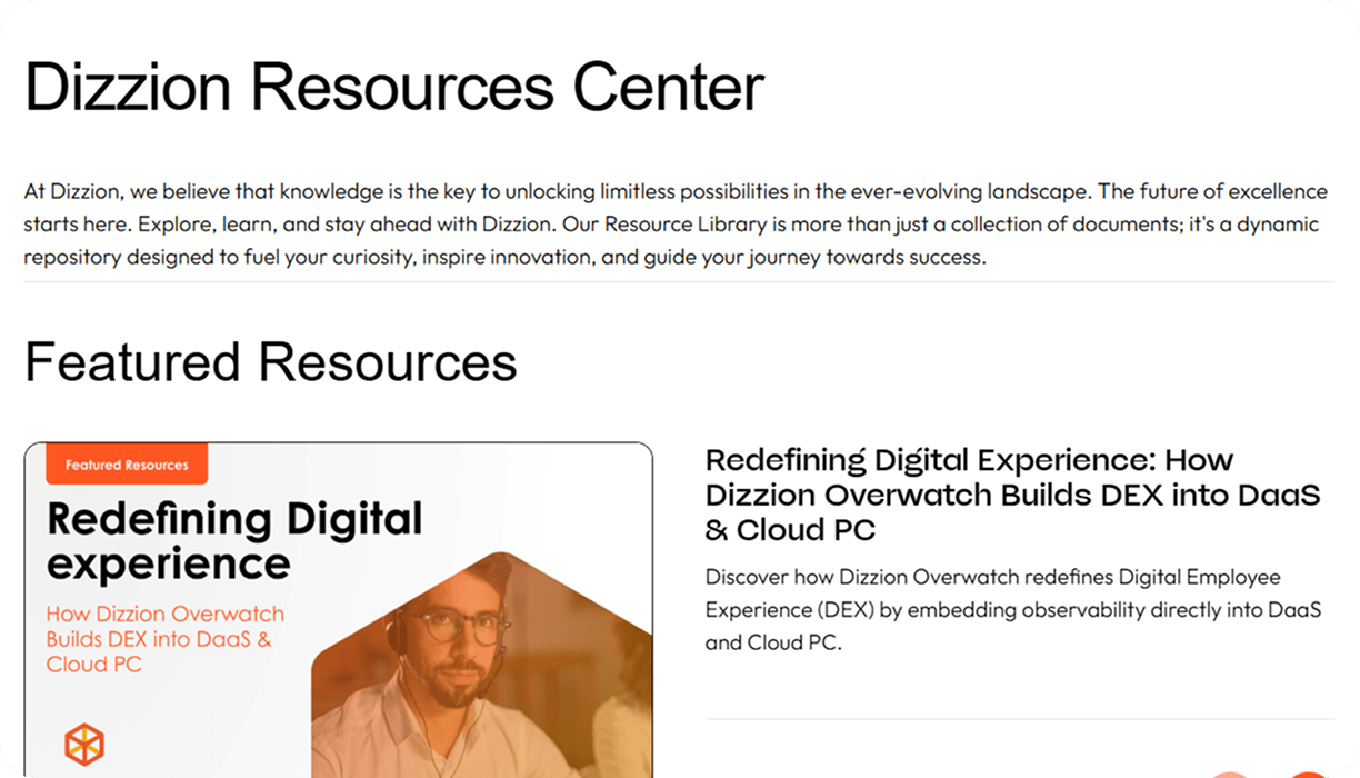 Dizzion resources center page showcase