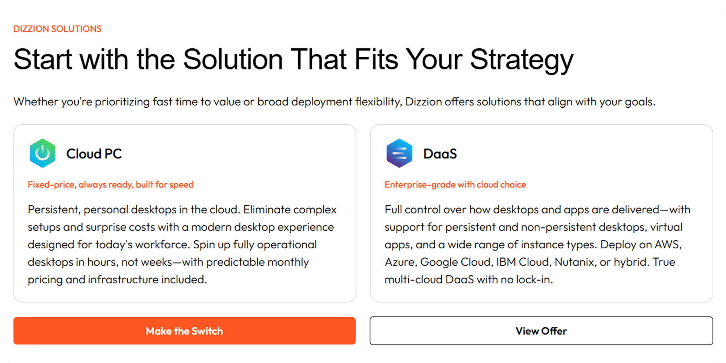 Dizzion services page showcase