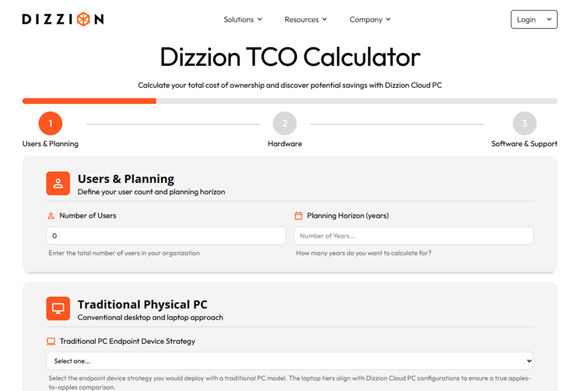 Dizzion TCO calculator page showcase