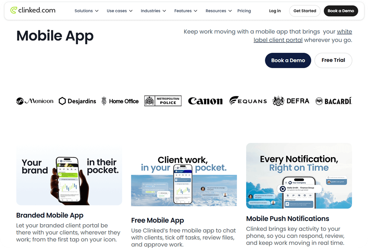 Clinked mobile app page showcase
