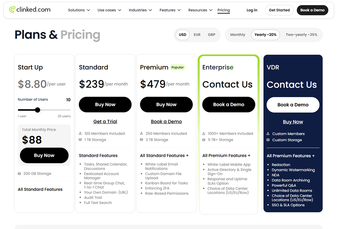 Clinked pricing page showcase