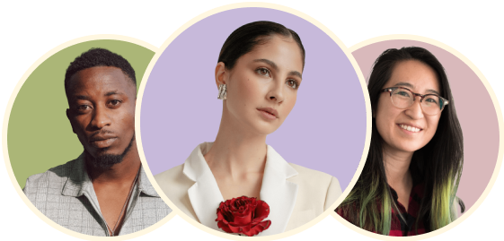 Portraits of three diverse adults smiling or looking at camera, each in a circular frame with different background colors.