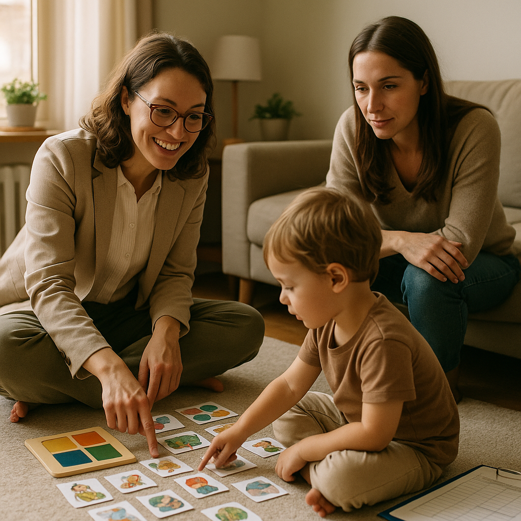Child Therapy Session Using Visual Card Matching The image shows a young boy engaged in a therapy or educational session with two women, likely a therapist and his mother or caregiver. They are sitting on the floor in a cozy, well-lit room. The therapist is pointing at illustrated cards laid out on the carpet, which depict various colorful images, possibly for cognitive development or communication therapy. The boy is actively participating by pointing at the cards as well. This scene highlights an interactive approach to child therapy or early childhood education, focusing on visual learning and engagement.