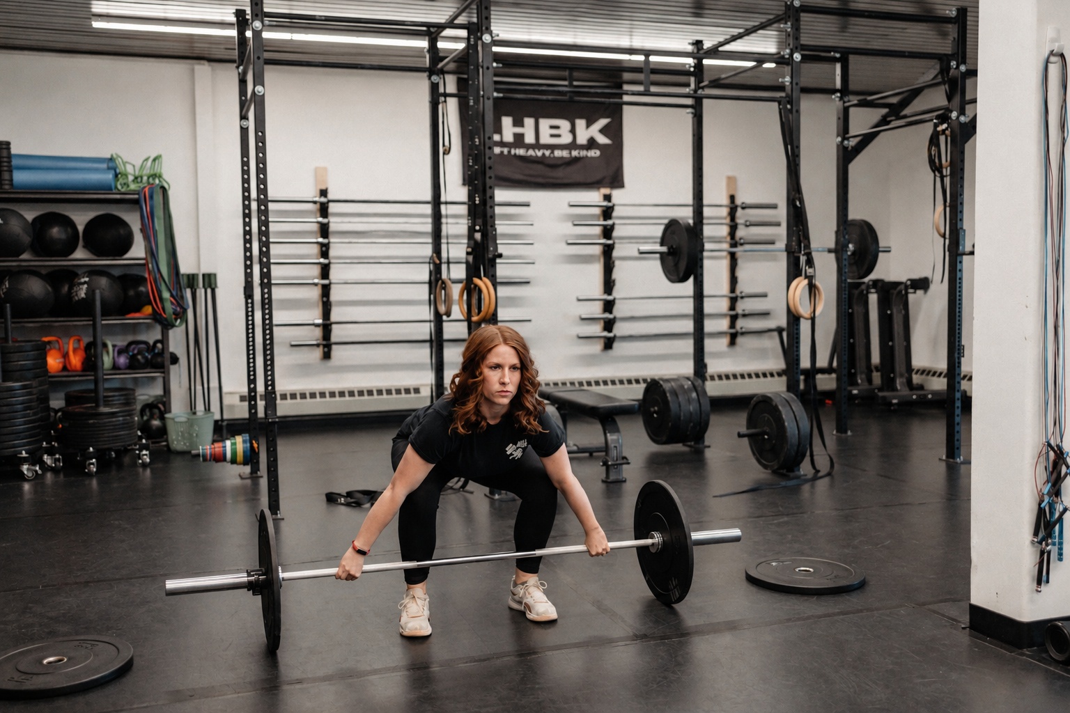 Woman performing a barbell deadlift in a fully equipped gym
