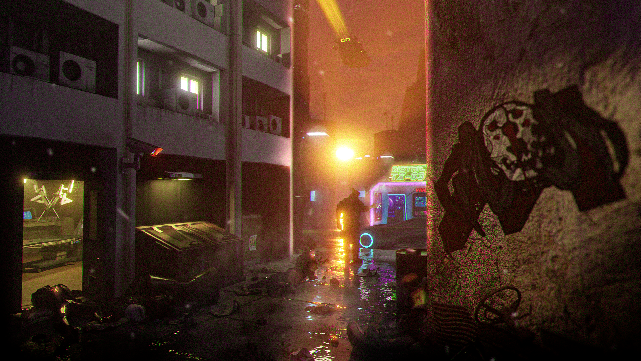 A neon-lit rainy alley with a silhouetted figure, glowing signs and reflections.