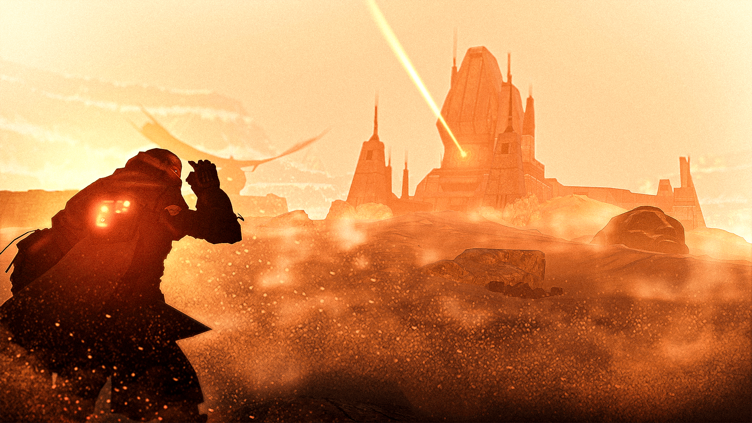 An armored traveler shields their eyes in an orange sandstorm beneath a futuristic citadel.