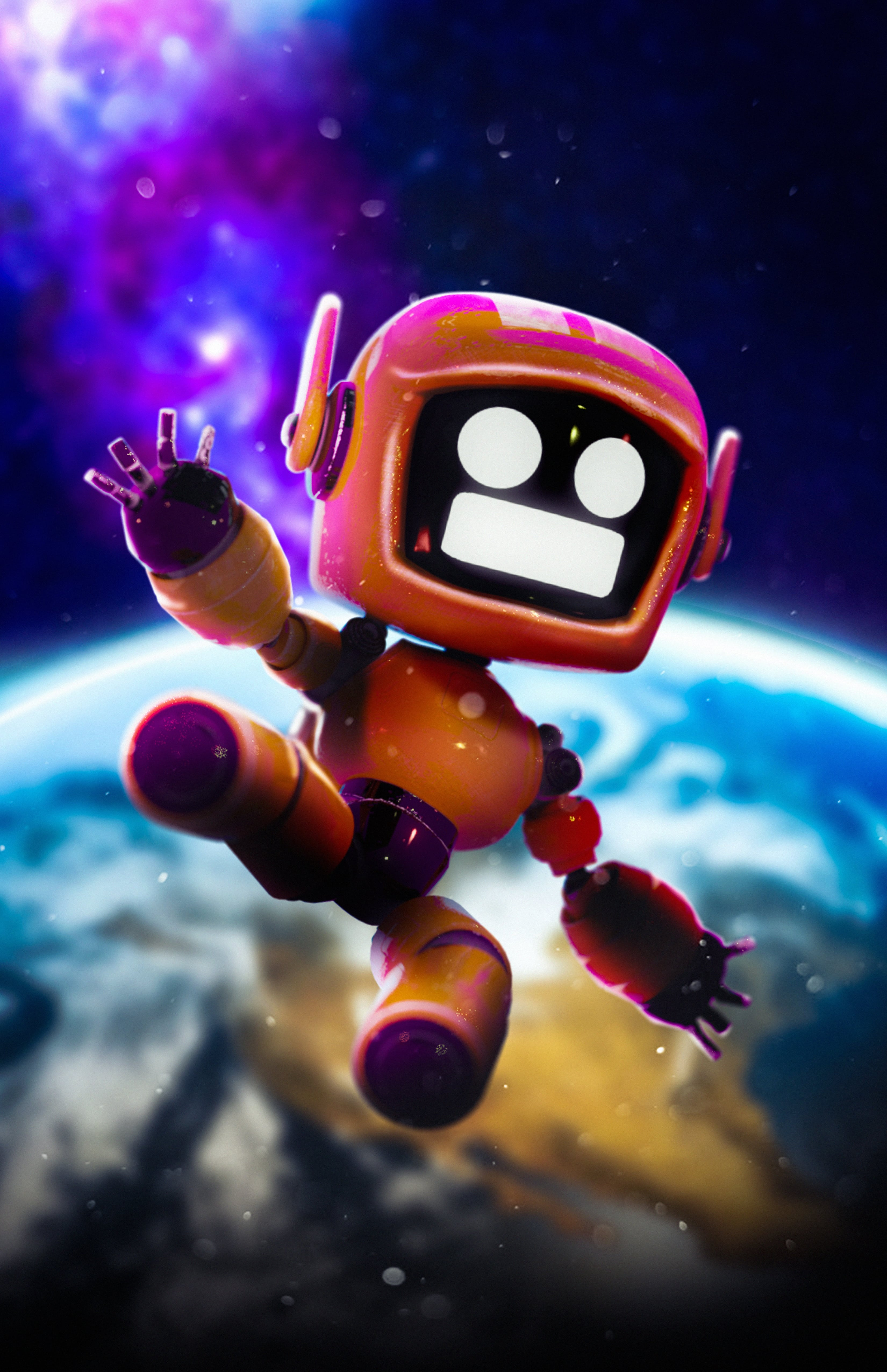 An orange robot floats above Earth against a violet and blue nebula.
