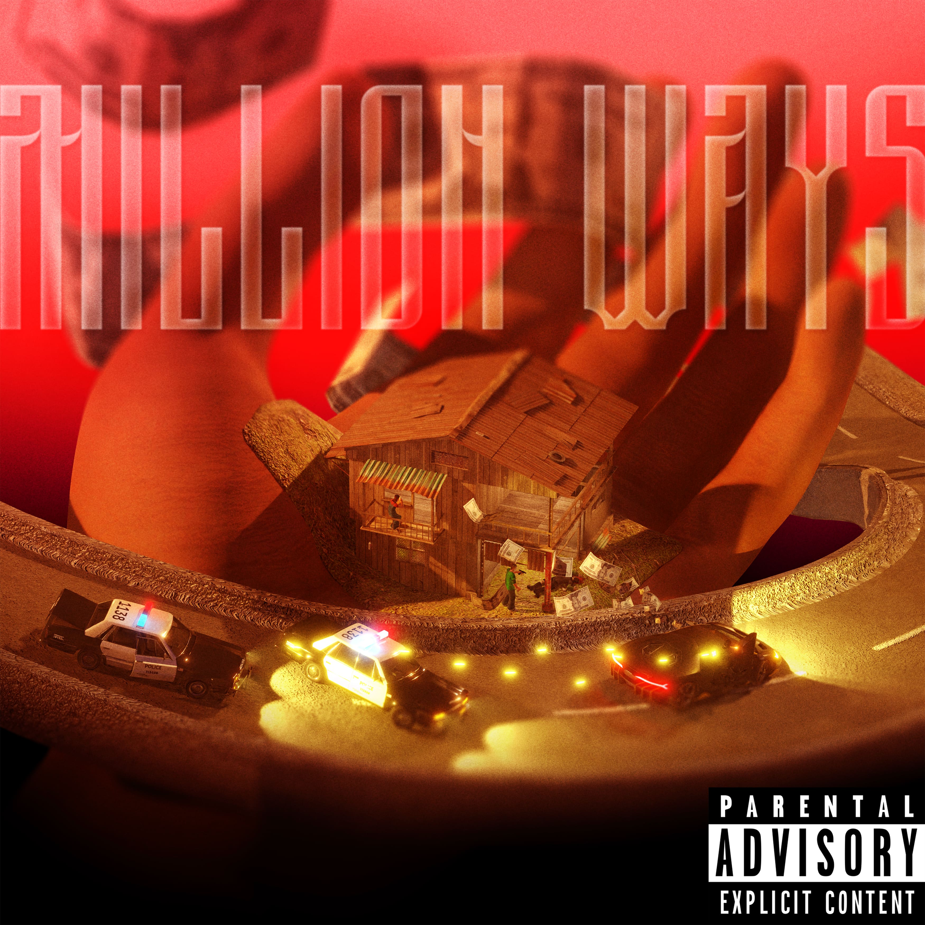 A surreal red and gold cover with a miniature house, floating money and a police chase.