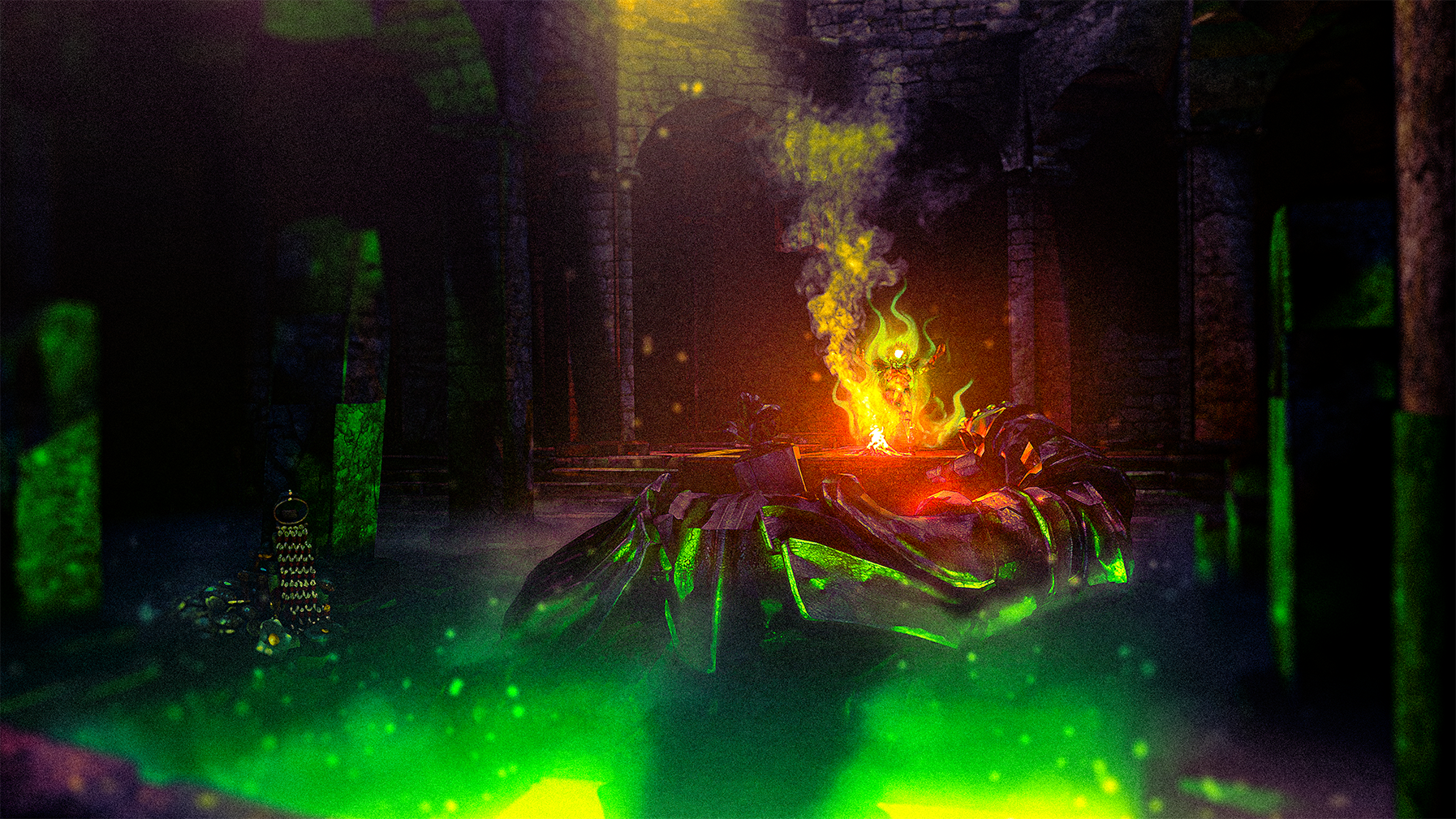 A glowing orange flame rises from a sculptural altar in a dark stone chamber filled with green light.