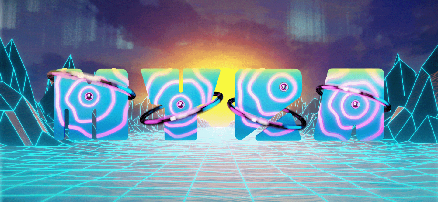 Pastel MYLA lettering wrapped in rings above a cyan wireframe landscape at sunset.