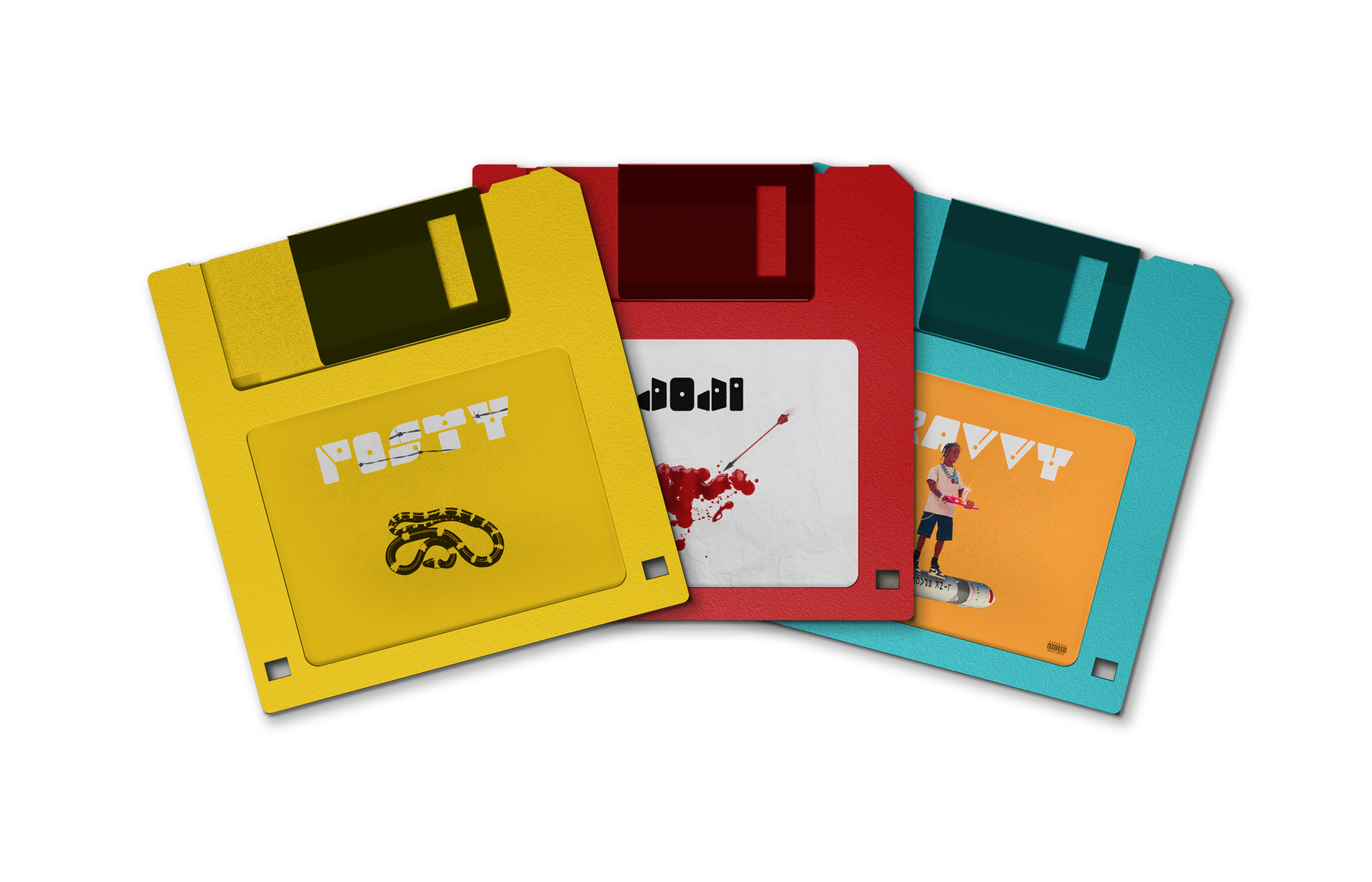 Yellow, red and cyan floppy disks with illustrated music cover labels on black.