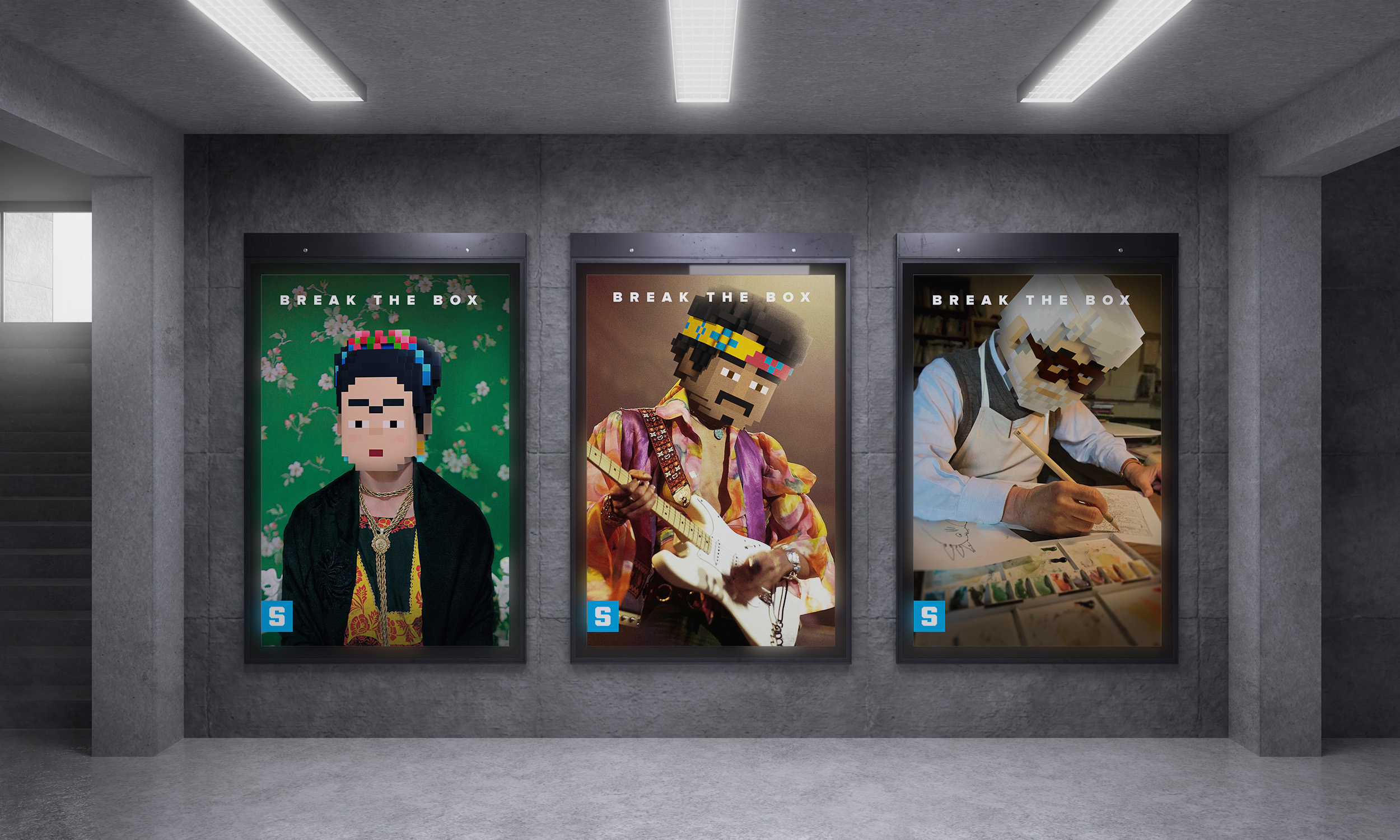 Three illuminated Break the Box posters with pixelated portraits in a concrete interior.