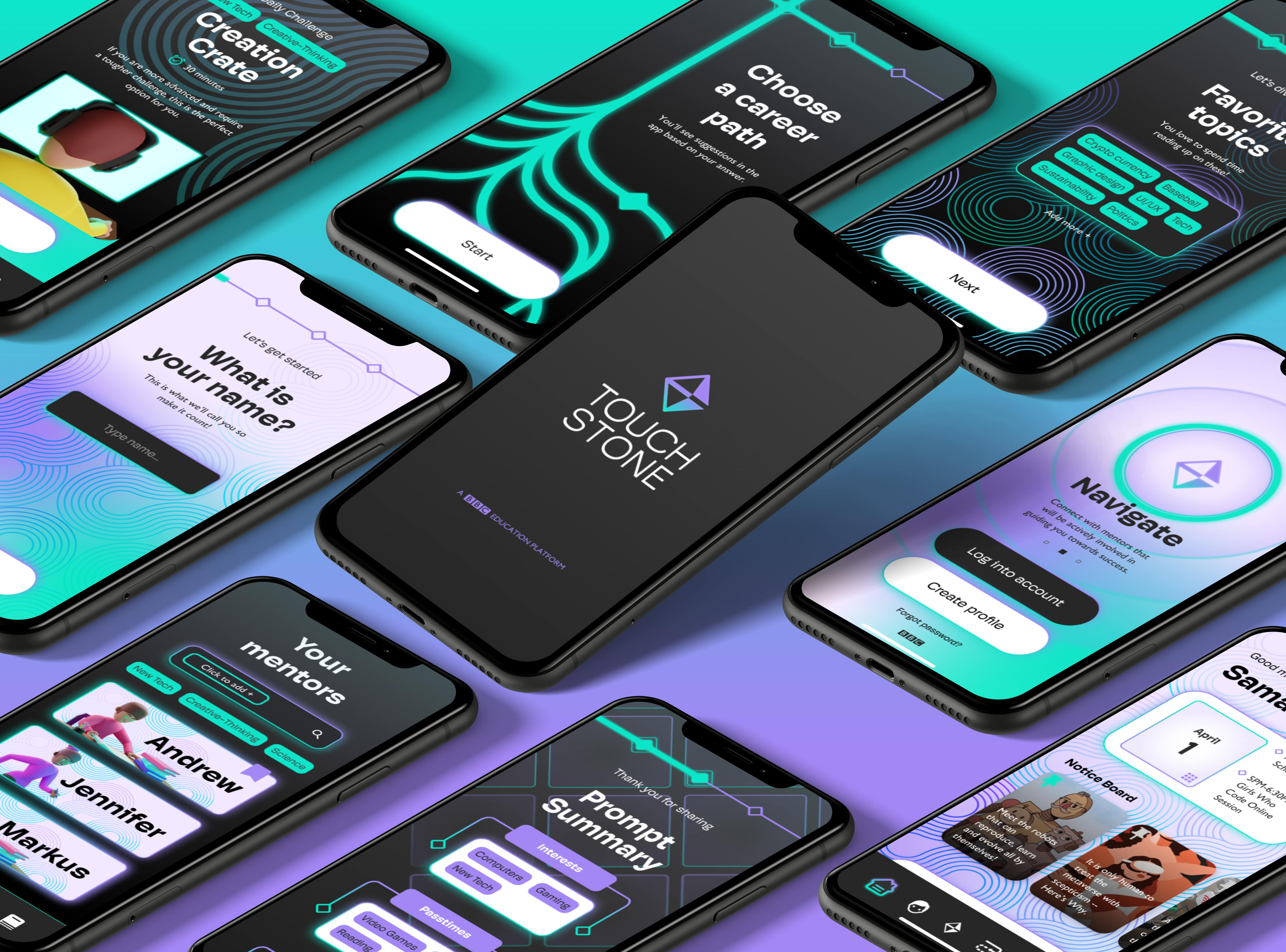 A spread of mobile education app screens with cyan and purple gradients, mentoring and career features.