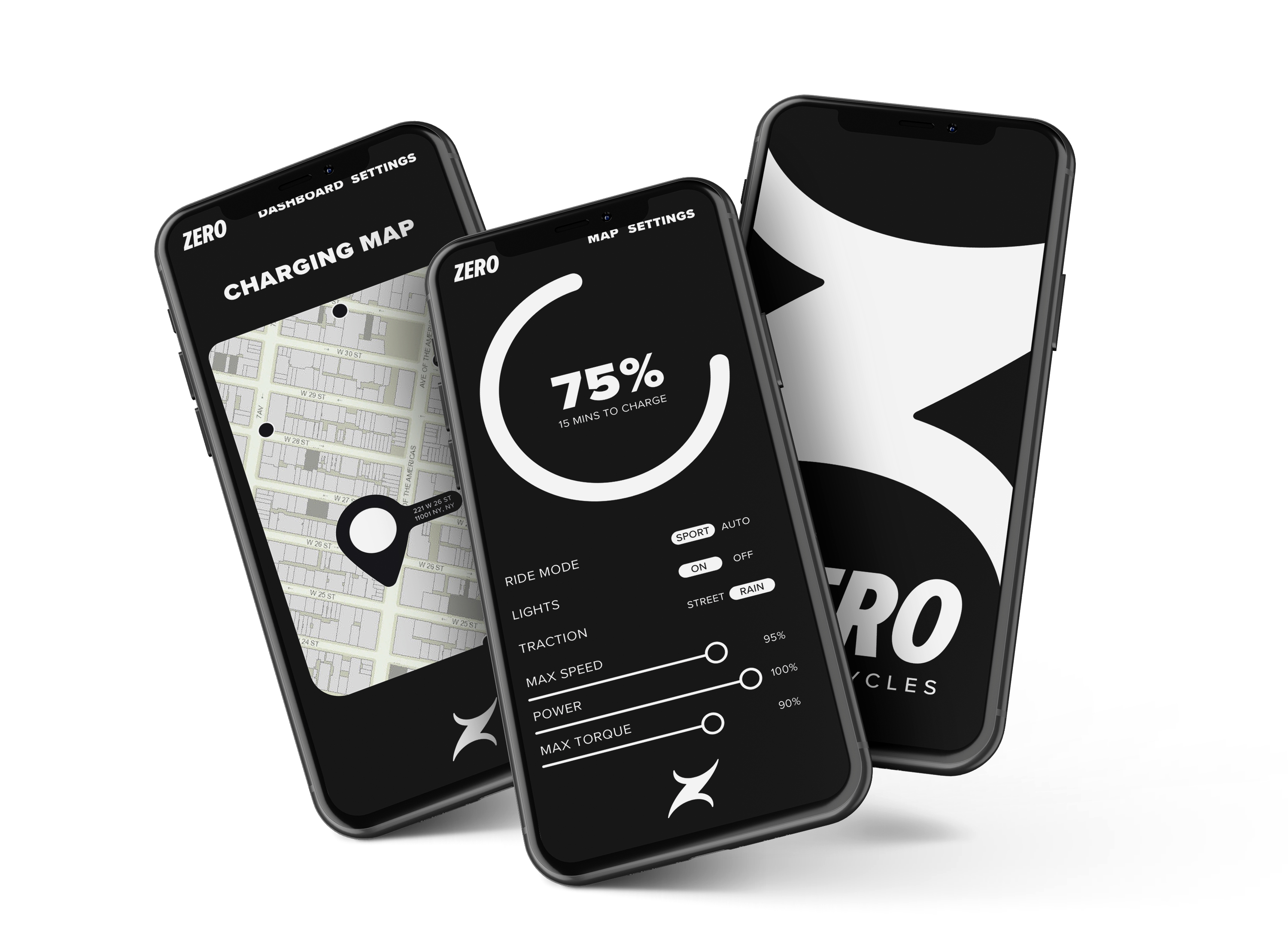 Three black and white mobile screens showing a charging map, motorcycle settings and Zero branding.