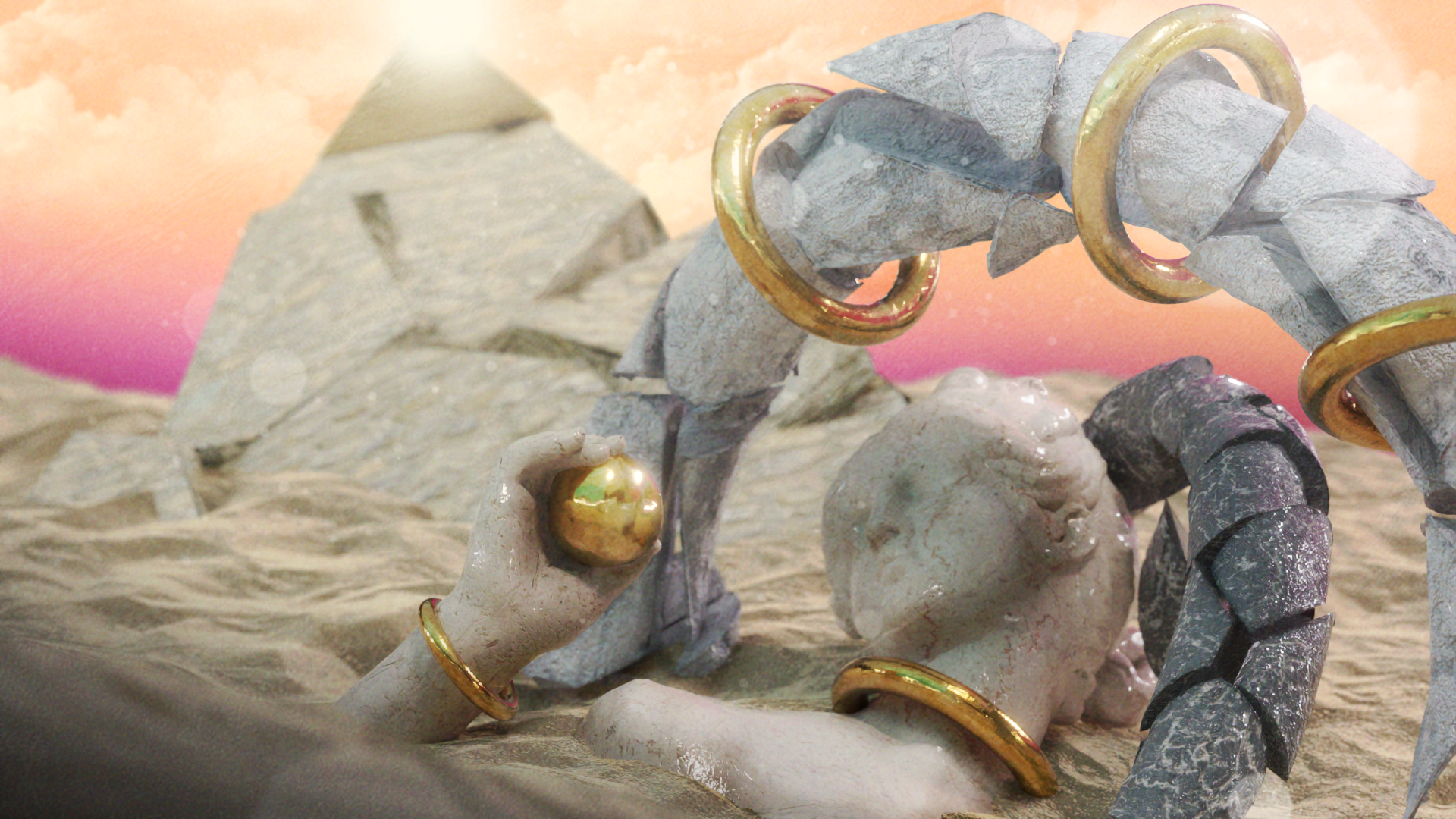A reclining stone figure holds a gold sphere beneath a segmented arch and desert pyramid.