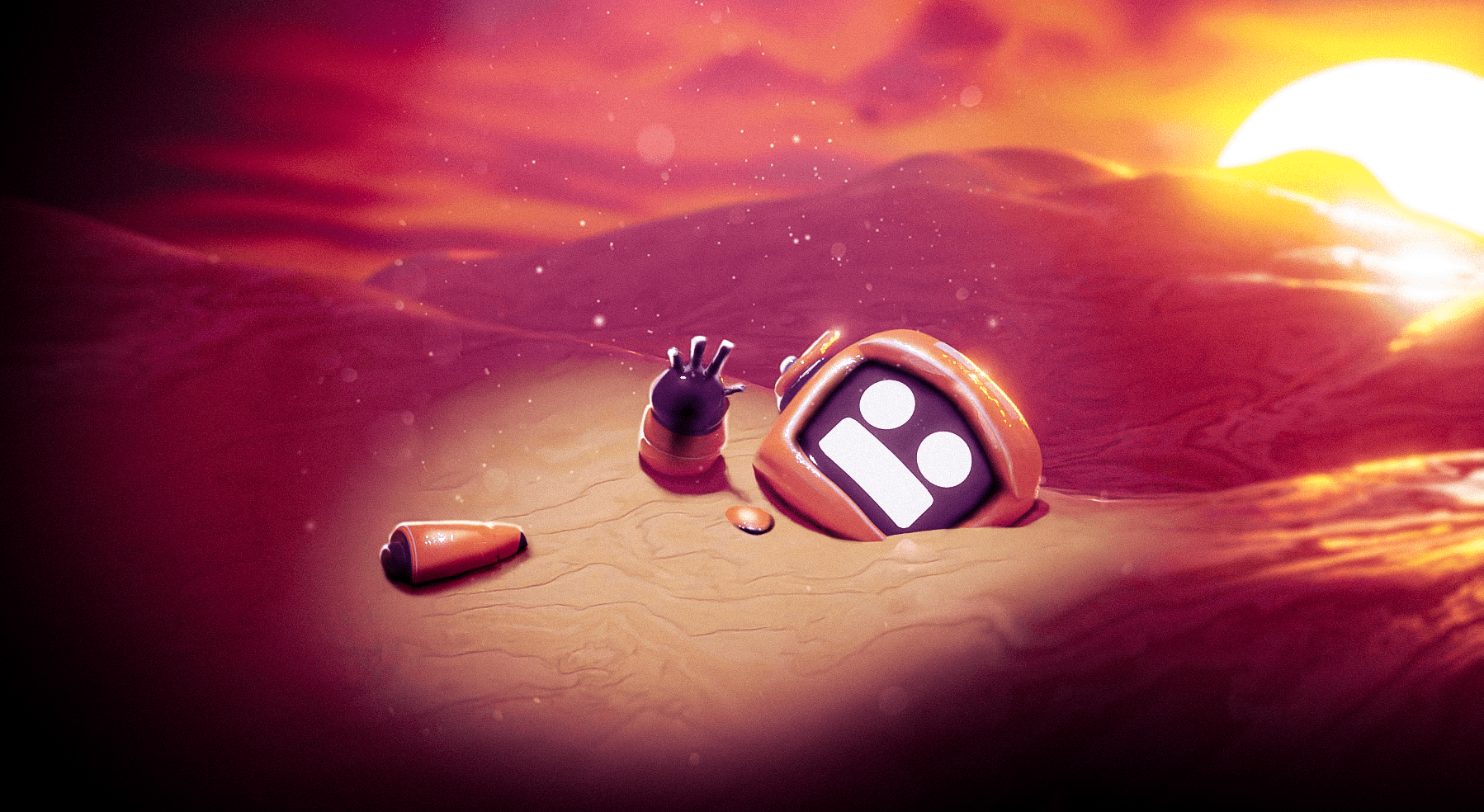 An orange robot half-buried in sand reaches toward a glowing desert sunset.