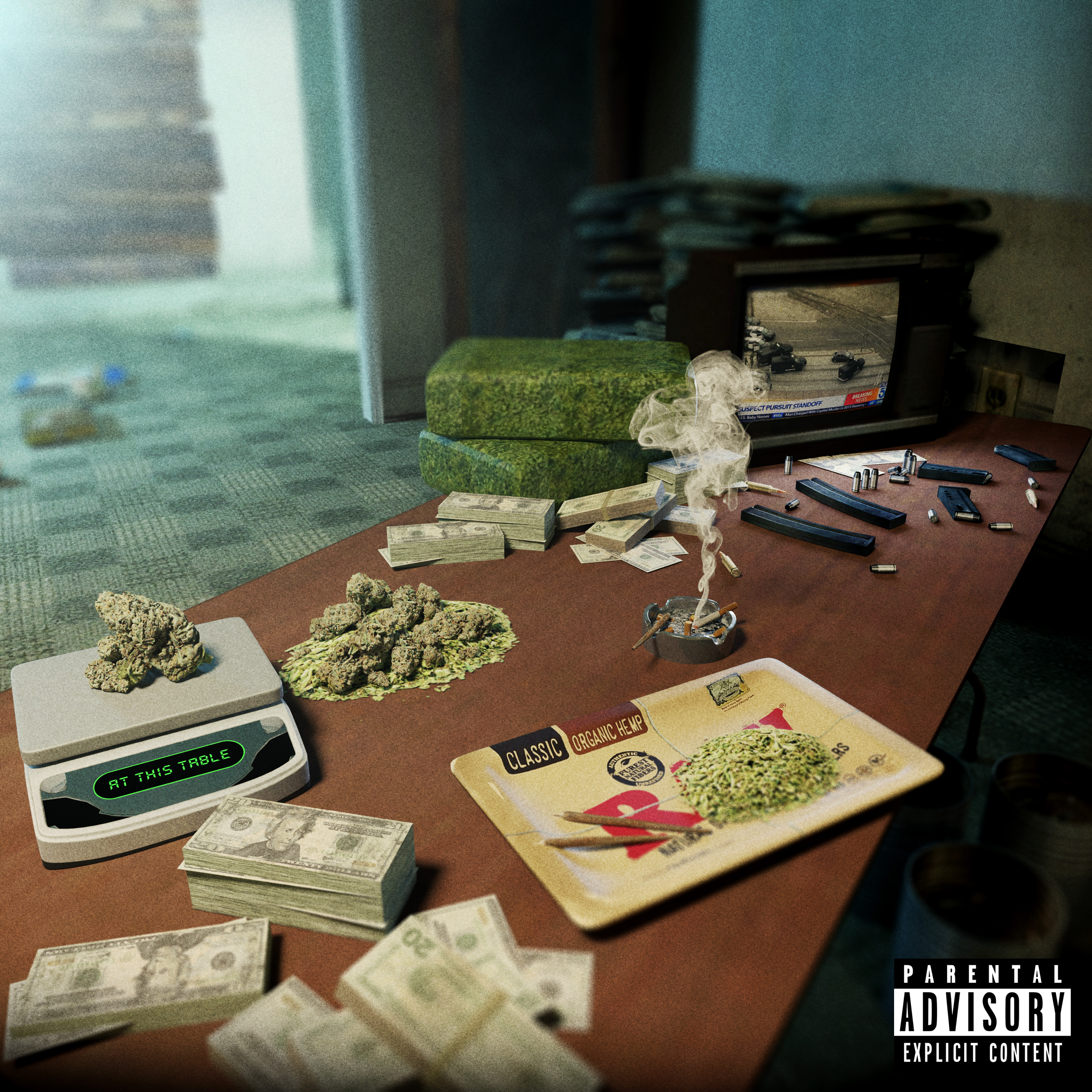 A cinematic tabletop scene with cash, cannabis, smoke and a television playing a news report.