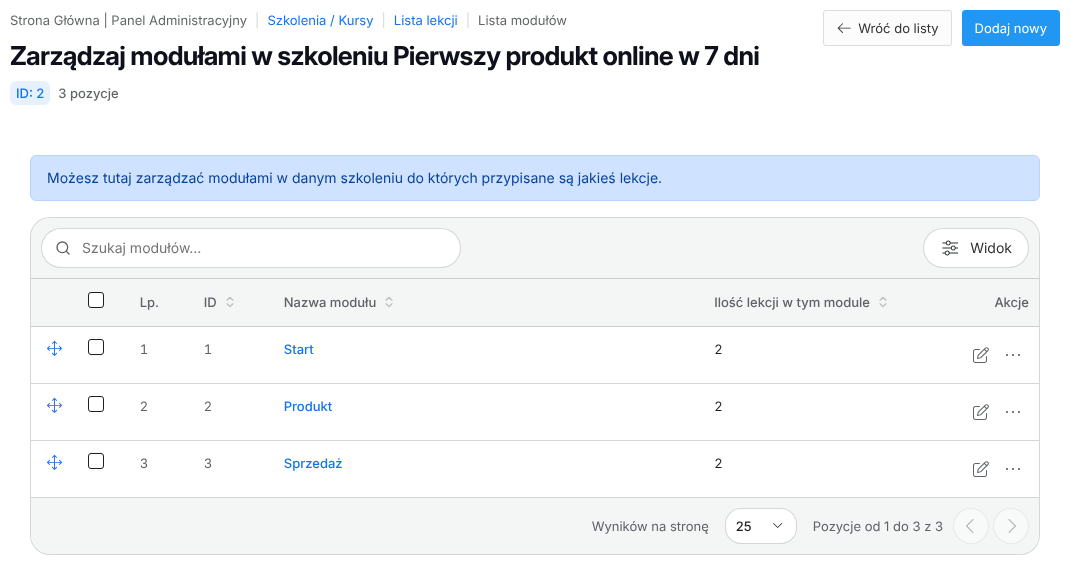 Tabela modułów z liczbą lekcji w każdym module