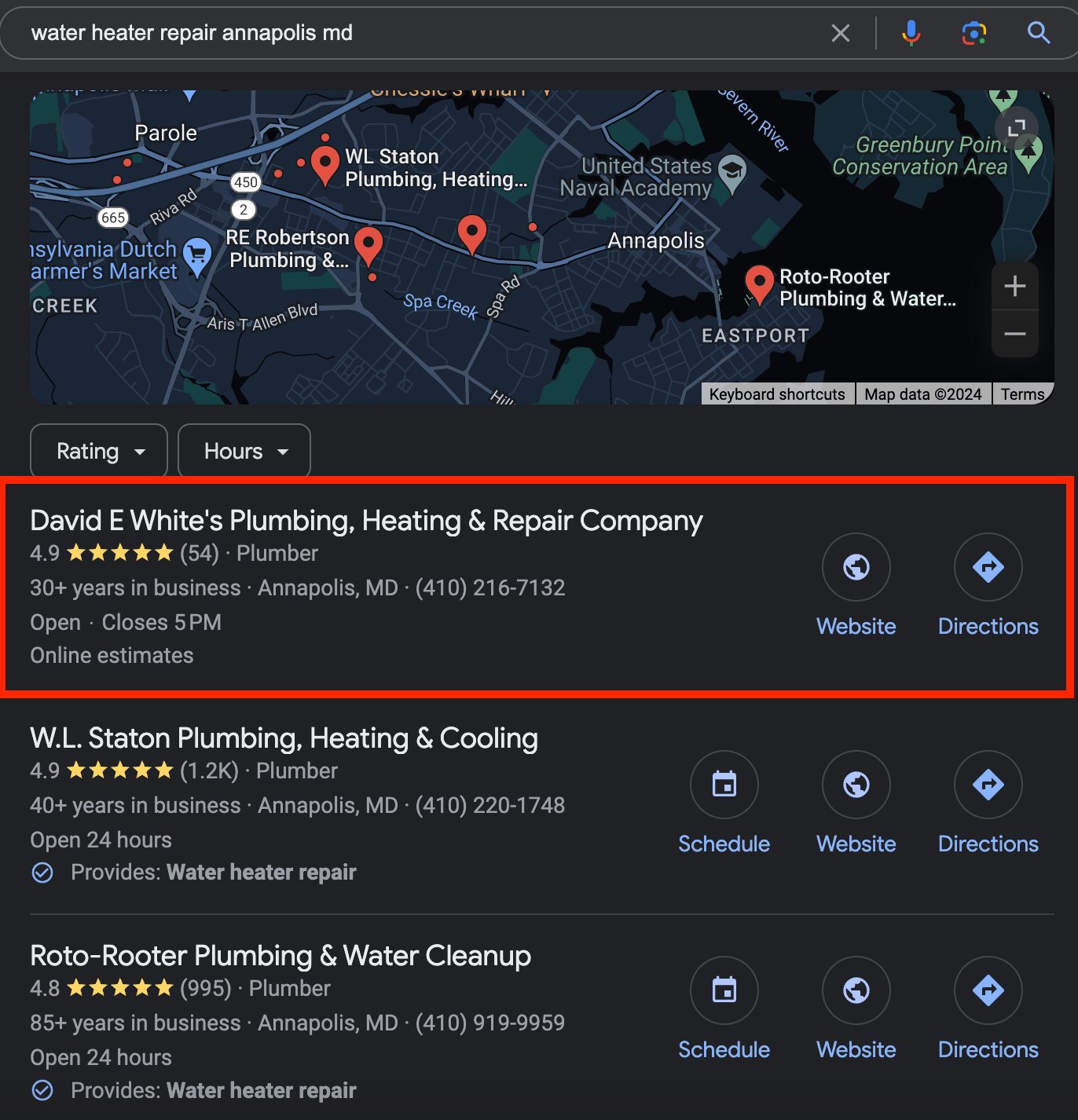 Local plumbing businesses in Annapolis, MD displayed in Google search results, showing key business info and local map