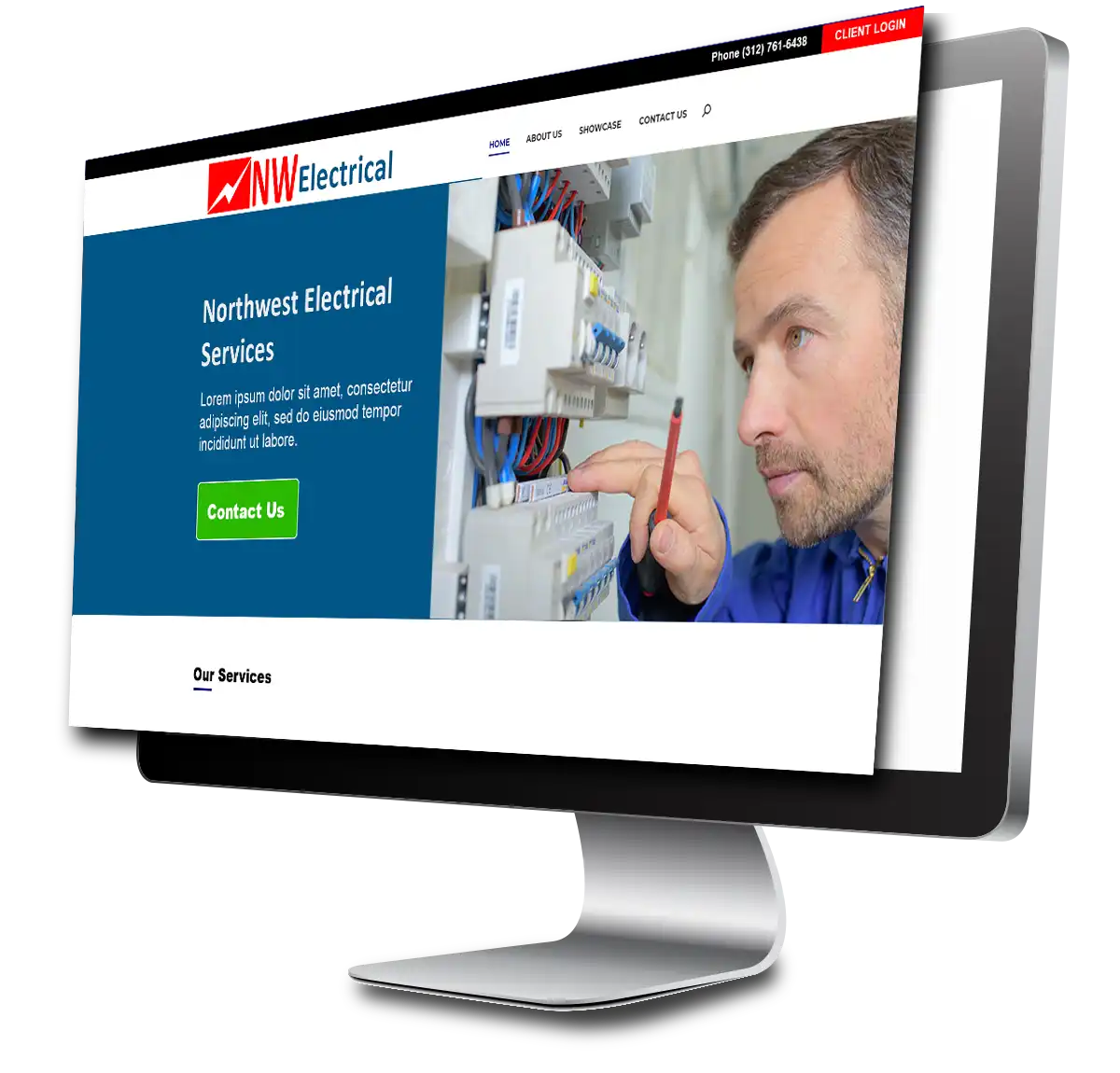 Professional electrician website on a desktop showing clear call-to-action and engaging electrician photo for conversion