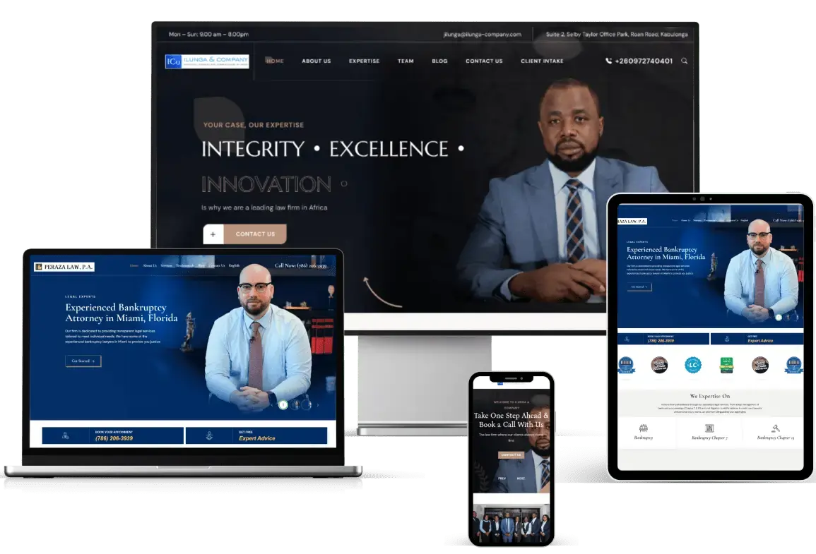 Attorney and law firm websites displayed on multiple devices demonstrating mobile responsive design and client engagement features