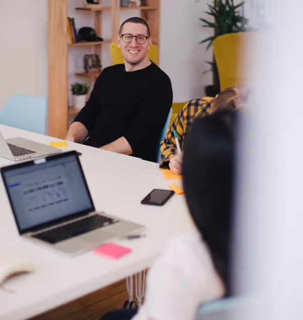 a man discussing on desk
