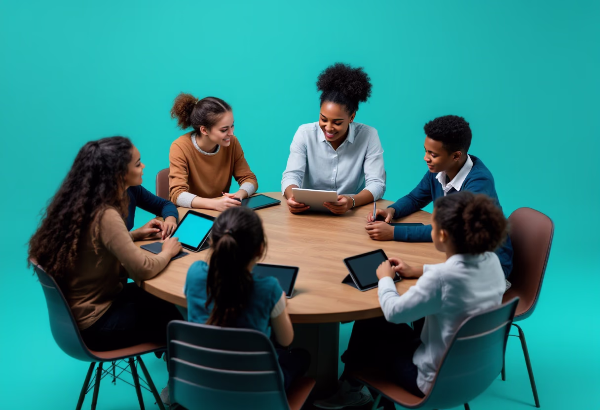 image of a teacher interacting with students using digital tools (for edtech)