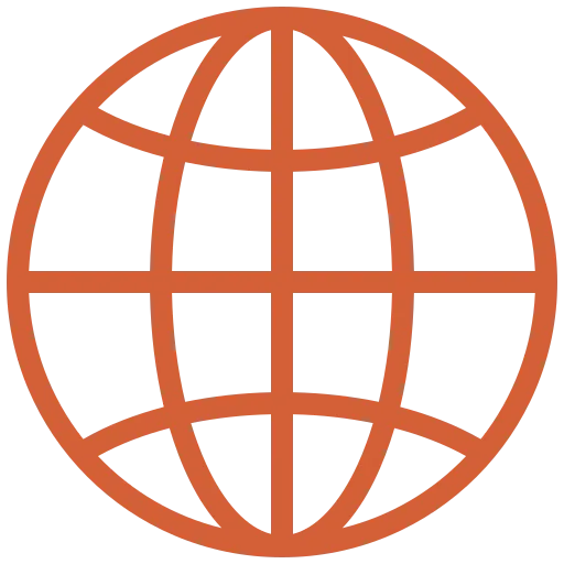 Orange globe icon with longitude and latitude lines on a transparent background.