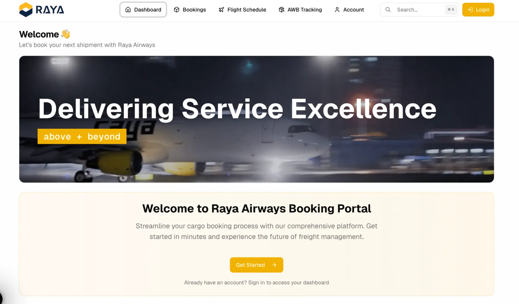 Night view of a Raya Airways plane on the runway with the text 'Delivering Service Excellence above + beyond'.