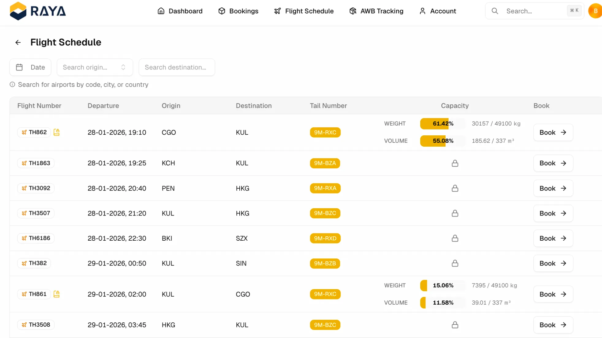 Flight schedule table showing flight numbers, departure dates and times, origin and destination airports, tail numbers, cargo capacity usage by weight and volume, and booking options for flights from various origins to destinations in January 2026.
