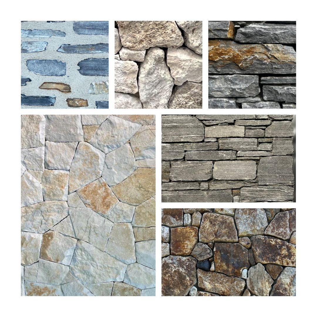 Collage of six different patterned stone walls showcasing various textures and colors including gray, beige, and brown stones in diverse shapes and arrangements.