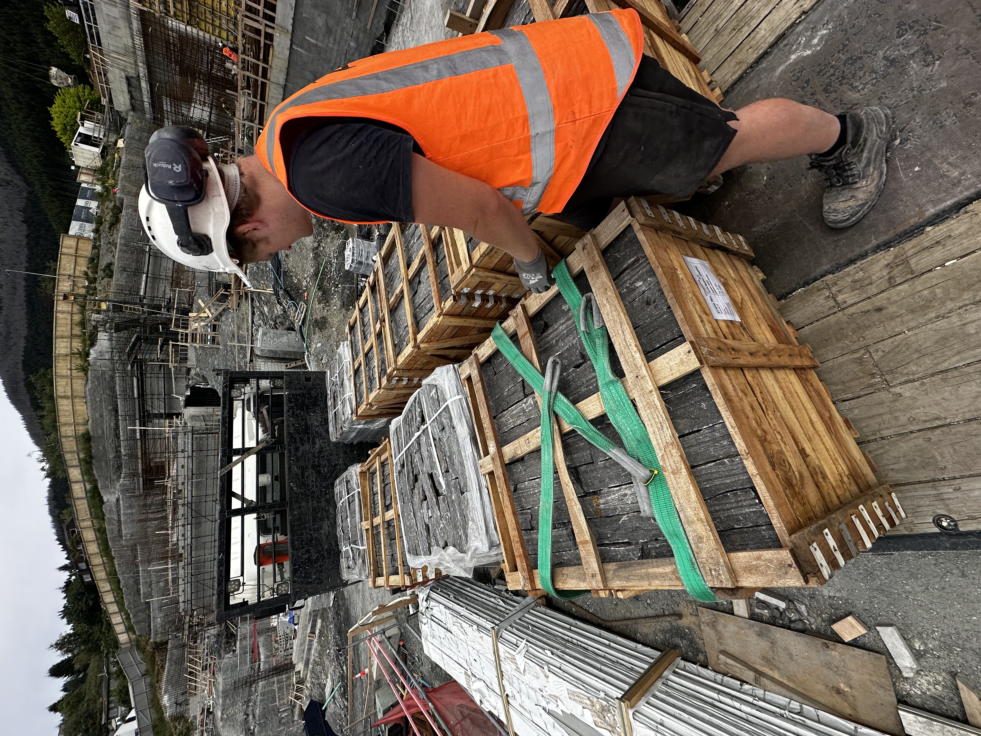 Safe craned stone packaging on site