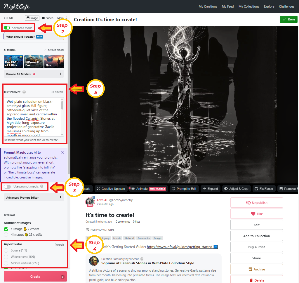 A scene of the NightCafe website showing the four steps in the UI