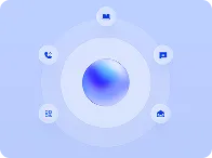 Blue circular interface with concentric rings and five icons representing video call, chat, photo, phone, and QR code surrounding a central blue gradient sphere.