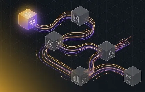 Glowing cube connected by flowing pathways to five transparent cubes, each with different data and AI-related icons, on a dark grid background.
