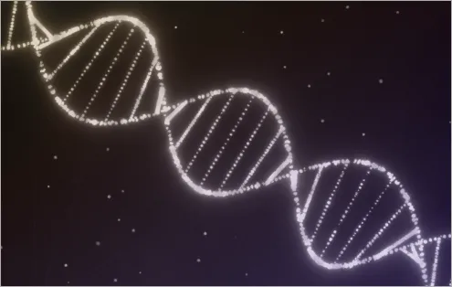 Glowing white DNA double helix model against a dark purple background with small particles.