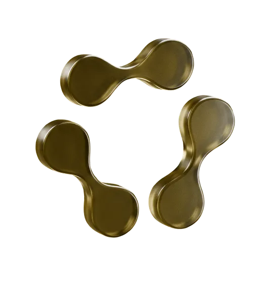 Three interconnected, abstract golden shapes resembling droplets or capsules arranged in a triangular pattern on a black background.