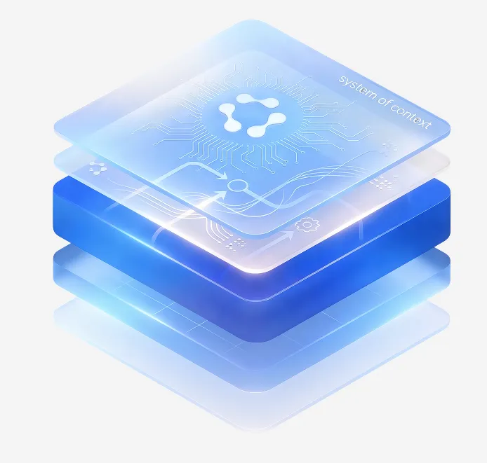 Illustration of layered translucent blue panels with circuit patterns and the text 'system of context' on the top panel.
