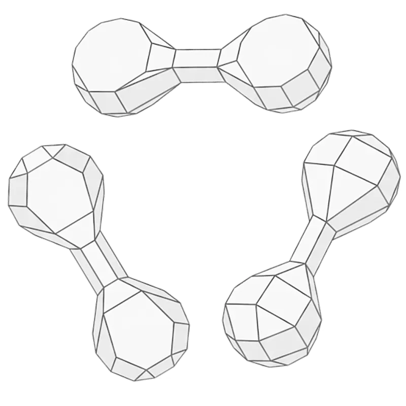Three white, faceted dumbbell-shaped 3D geometric objects arranged in a roughly triangular formation on a black background.