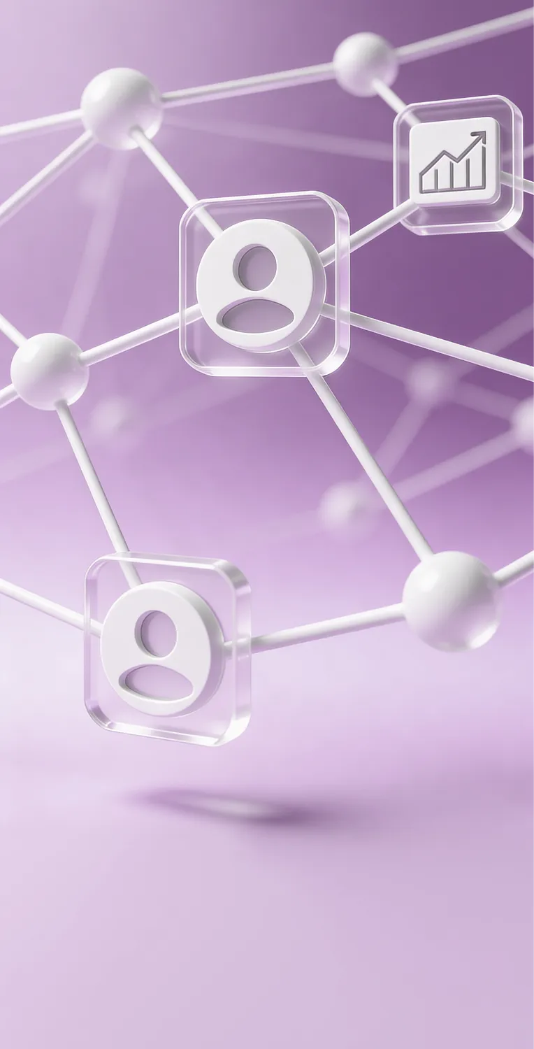 3D network of interconnected white nodes on a purple background with user profile and growth chart icons in transparent squares.