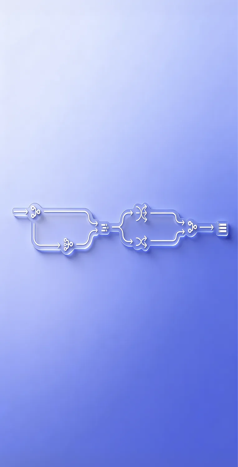 Illustration of a data processing flowchart with arrows connecting nodes representing branching, merging, and data transformation on a blue gradient background.