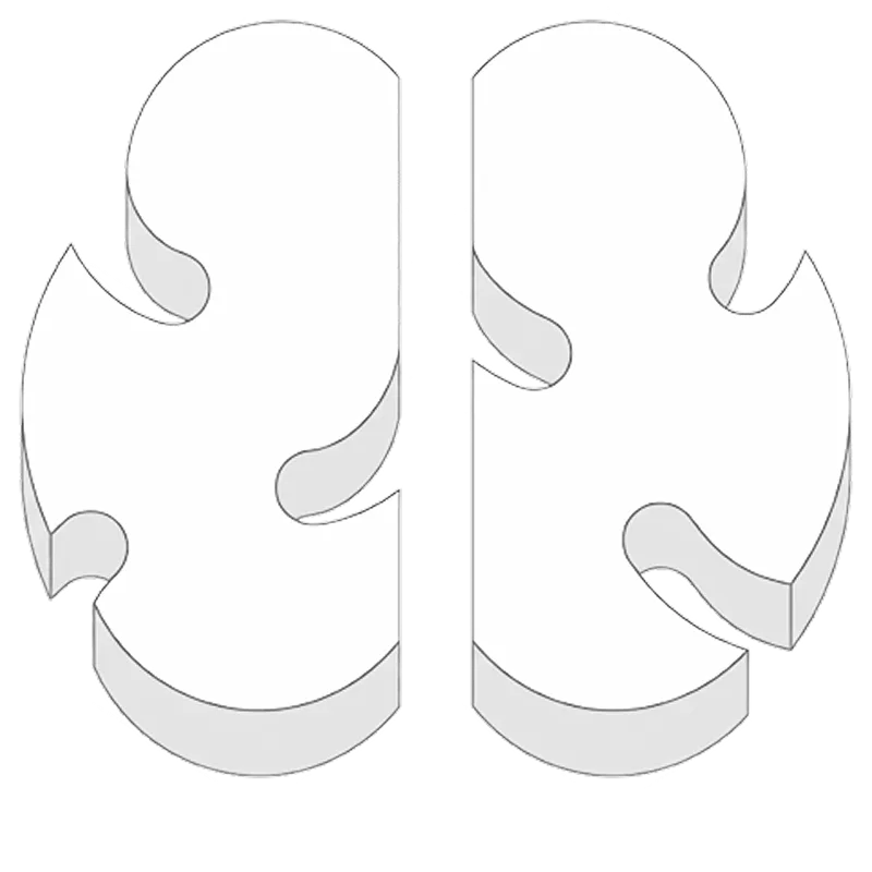 Two white 3D puzzle pieces separated with matching interlocking shapes.