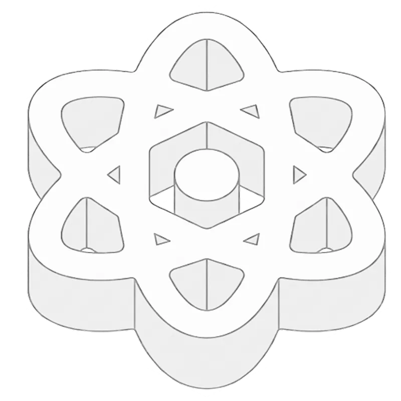 3D white hexagonal shape with a central cylinder and six petal-like loops forming a symmetrical atomic structure.