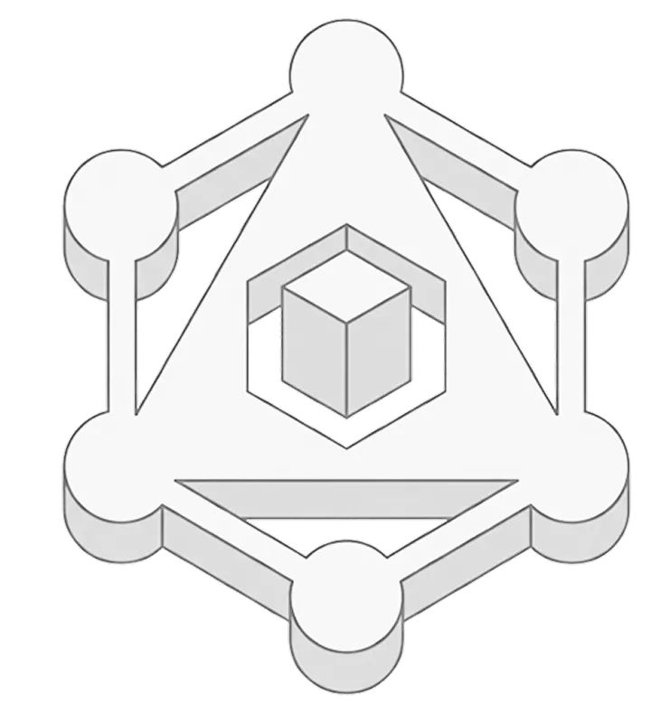 A 3D geometric model showing a central cube encased within an inverted triangular frame connected by five circular nodes.