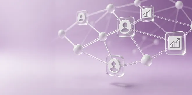 Abstract network of connected spheres and transparent user and chart icons on a purple background representing digital connectivity and data.
