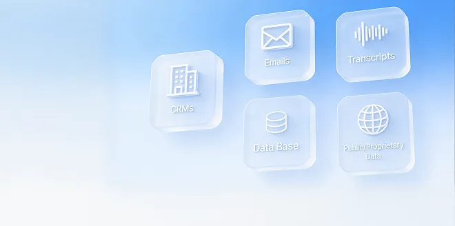 Icons labeled CRMs, Emails, Transcripts, Data Base, and Public/Proprietary Data on a blue gradient background.